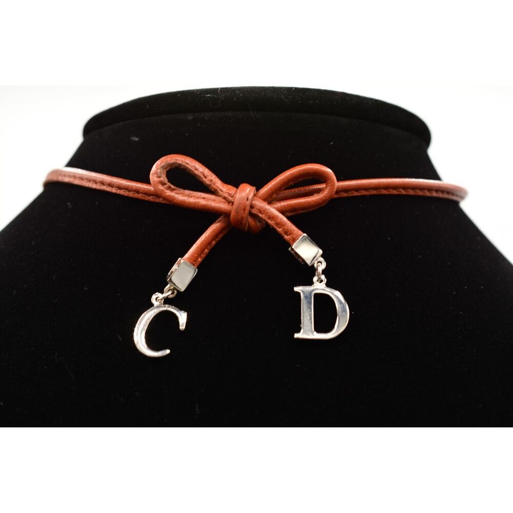 Christian Dior Vintage Bow Choker Necklace Logo CD Charm Brown Leather Signed